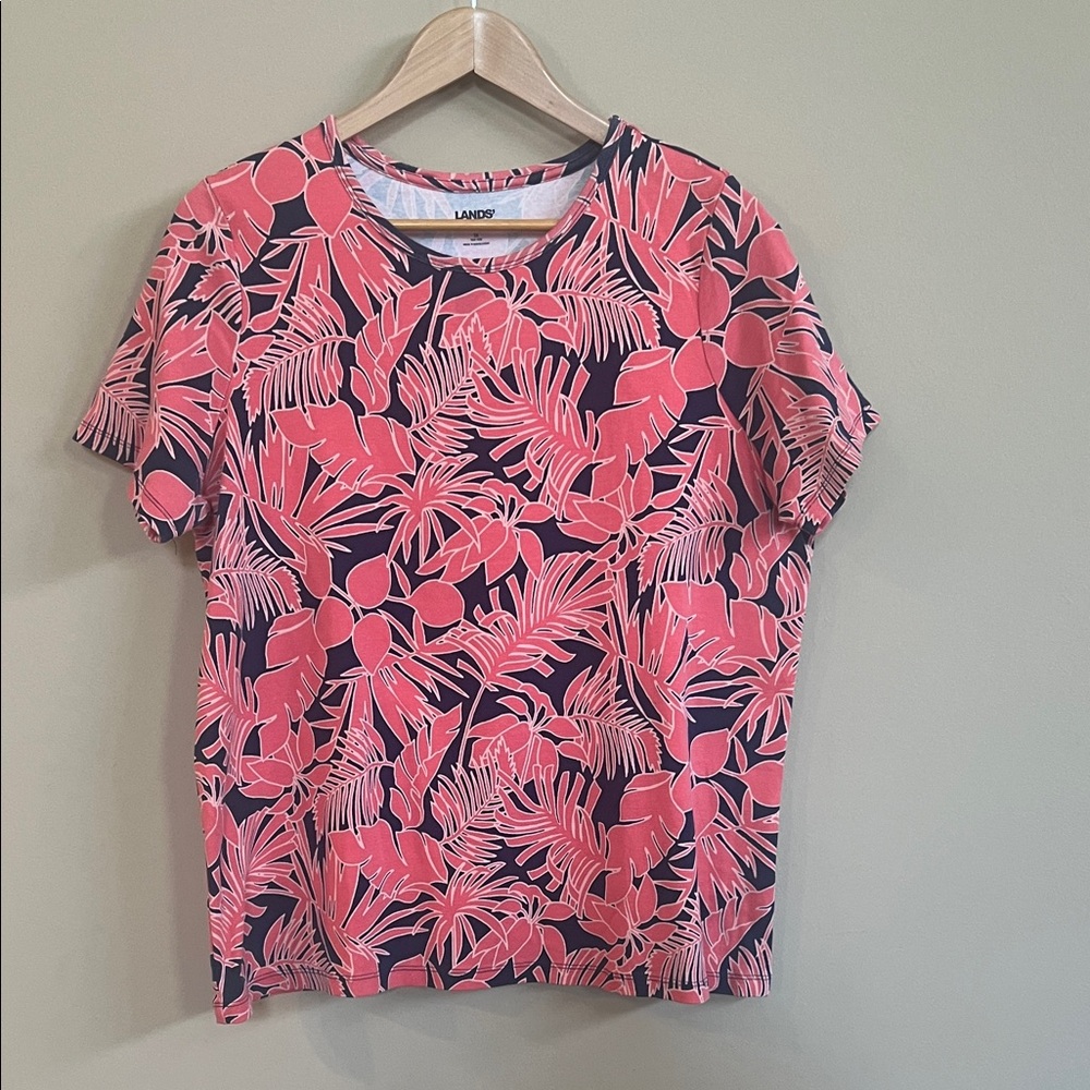 Lands’ End Floral Tropical Design Coral Pink and Navy Cotton Tee